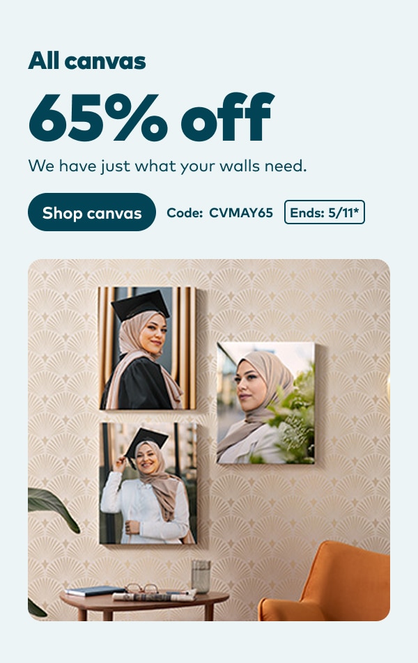 All canvas 65% off. We have just what your walls need. Code: CVMAY65. Ends 5/11, see site for details. Shop canvas