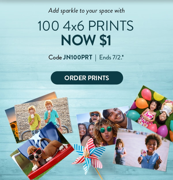 Add sparkle to your space with 100 4x6 prints now $1. Code JN100PRT. Ends 7/2. See site for details. Order Prints