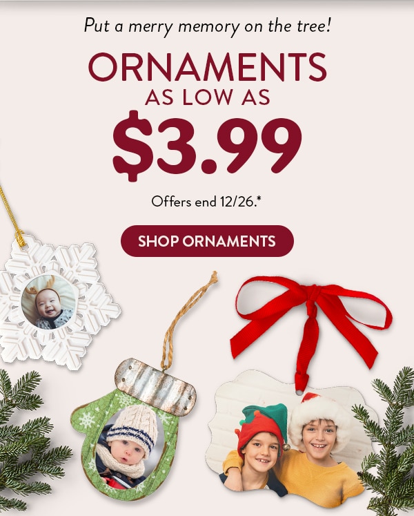 Put a merry memory on the tree! Ornaments as low as $3.99. Offers end 12/26. See site for details. Shop Ornaments