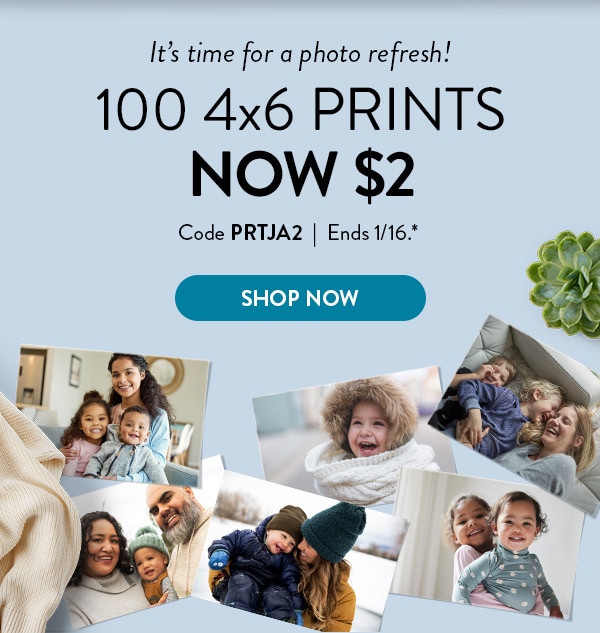 It's time for a photo refresh! 100 4x6 Prints now $2. Code PRTJA2. Ends 1/16, see site for details. Shop now