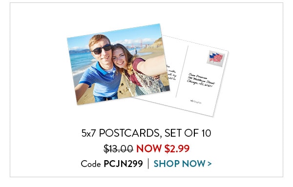 Set of 10 5 by 7 postcards now $2.99. Code PCJN299. Shop now.