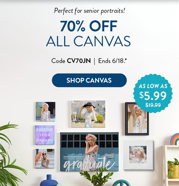Perfect for senior portraits! 70% off all canvas. Was $19.99 now as low as $5.99. Code CV70JN. Ends 6/18. See site for details. Shop Canvas