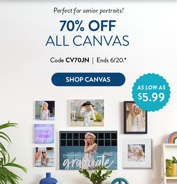 Perfect for senior portraits! 70% off all canvas. As low as $5.99. Code CV70JN. Ends 6/20. See site for details. Shop Canvas