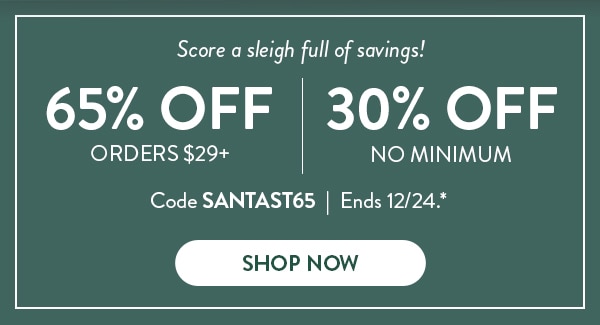 Score a sleigh full of savings! 65% off orders $29 or more. 30% off no minimum. Code SANTAST65. Ends 12/24. See site for details. Shop now
