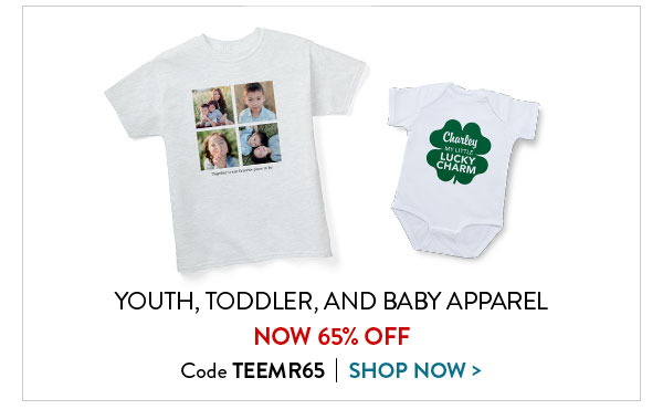 Youth, toddler, and baby apparel now 65% off. Code TEEMR65. Shop now
