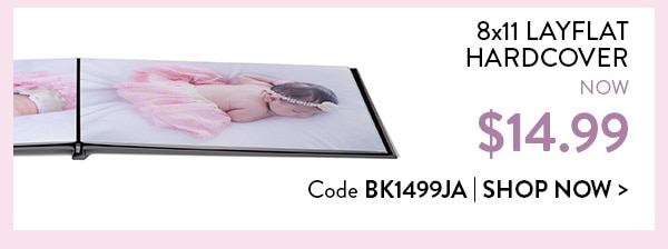 8x11 layflat hardcover now $14.99. Code BK1499JA. Shop now