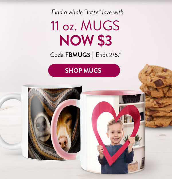 Find a whole 'latte' love with 11 oz. mugs now $3. Code FBMUG3. Ends 2/6, see site for details. Shop mugs